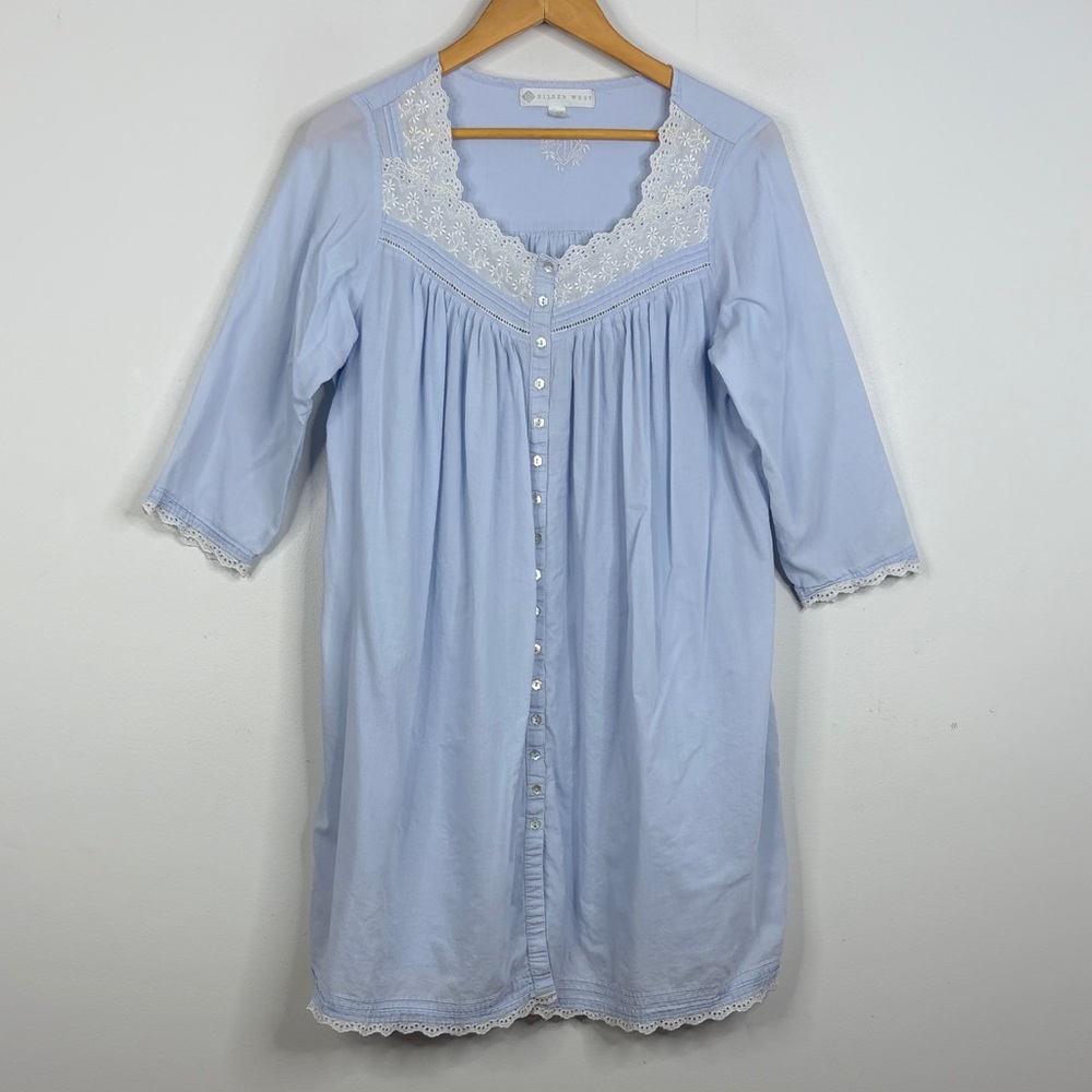 Eileen West Nightgown Womens Small Blue Cotton White Lace Short Summer Heritage